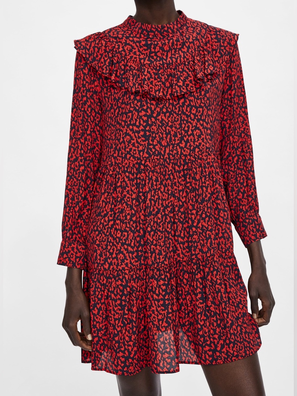 🐆 Zara Red and Black Printed Ruffle-Yoke Long-Sleeve Dress Animal Print Cheetah